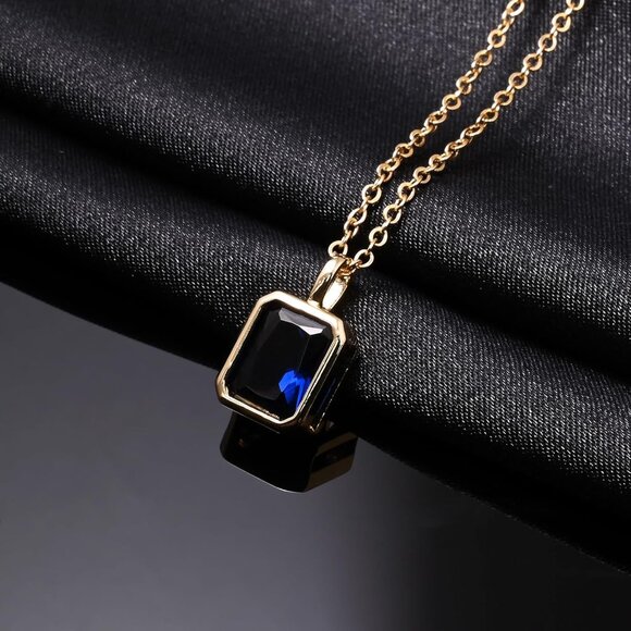 Sapphire Necklaces 14K Gold Dainty Rectangle Necklace Birthstone Navy Blue Penda - Picture 6 of 7